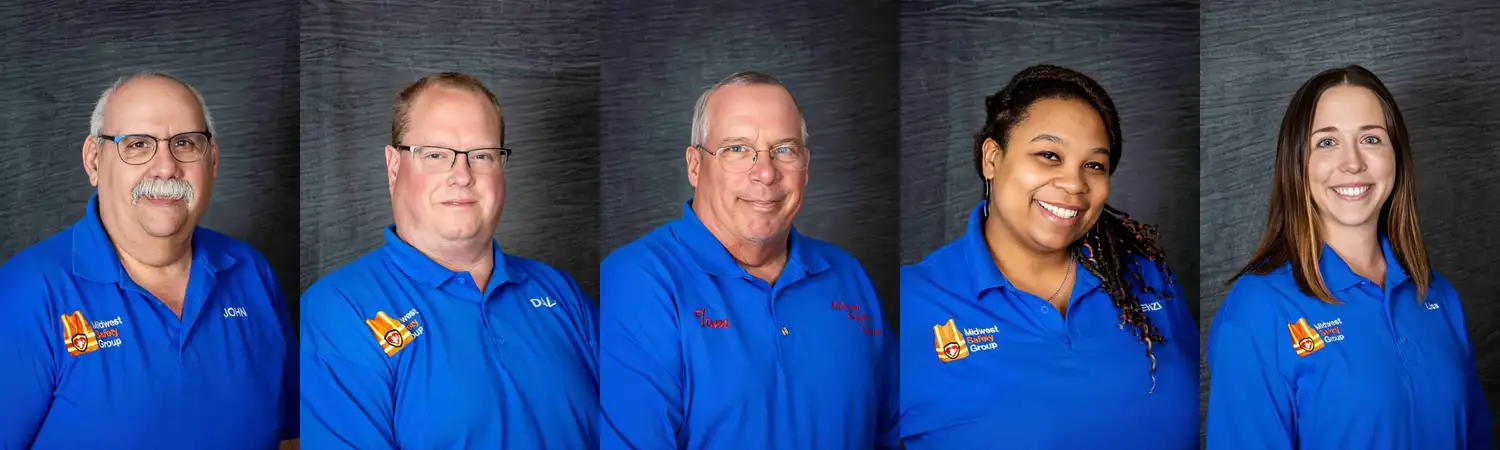 Portrait montage of Midwest Safety Group instructors John DePaul, Dale Penn Jr, Tom Schuld, Tykenzi Steward, and Lisa Vaca